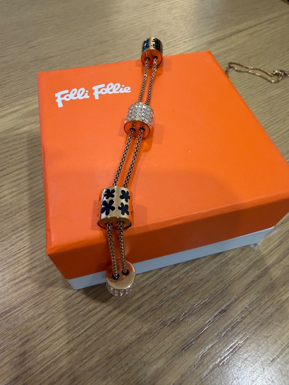 Folli Follie Rose Gold Tone Crystal & Black Floral Necklace w/ Box + COA